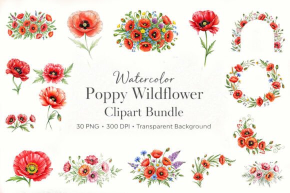 Download “30 Watercolor Poppy Wildflower Clipart - Wildflower Collection